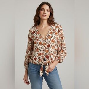 2/$30 ELA Floral V-Neck Blouse with Tie-Front - Cream Red and Orange